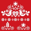 Xmas scandinavian white folk art vector design set - Christmas single patterns collection, cute floral ornament with birds, snowfl