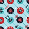 Retro winter holidays diagonal seamless pattern with christmas balls, ribbons, bows and snowflakes
