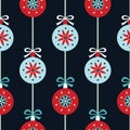 Retro winter new year holidays seamless pattern with christmas balls, bows and ribbons