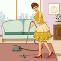 Retro woman cleaning home with vaccum cleaner