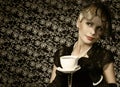 Retro Woman with Coffee Cup. Portrait of Fashion Beautiful Royalty Free Stock Photo