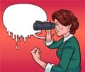 Retro woman crying while looking through binoculars