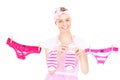 Retro woman drying laundry Royalty Free Stock Photo