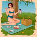 Retro woman enjoying food in picnic