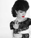 Retro woman. Fashion model girl portrait with red lips. Black an Royalty Free Stock Photo