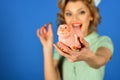 Retro woman hold moneybox, piggy bank for savings.