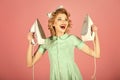 Retro woman ironing clothes, gender inequality. Royalty Free Stock Photo