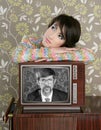 Retro woman in love with tv nerd hero Royalty Free Stock Photo