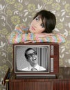 Retro woman in love with tv nerd hero