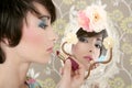 Retro woman mirror lipstick makeup tacky