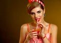 Retro woman with music vinyl record. Pin up girl drink martini cocktail. Royalty Free Stock Photo