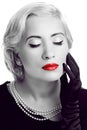 Retro woman with red lips. Black and white photo Royalty Free Stock Photo