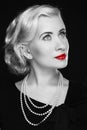 Retro woman with red lips. Black and white photo Royalty Free Stock Photo