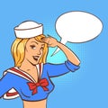 Retro woman sailor with speech bubble.