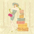 Retro woman with suitcases
