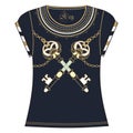 Retro woman t-shirt print design embroidery of heraldic key and chain gold blue color. Fashion necklace.