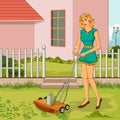 Retro woman trimming lawn in garden Royalty Free Stock Photo