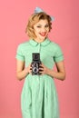 Retro woman with vintage camera. s Royalty Free Stock Photo