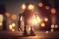 Retro wood robot with light bulb on the head. Toy robot small size. Bokeh background Royalty Free Stock Photo
