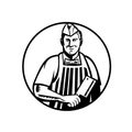 Butcher With Meat Cleaver Knife Front View in Circle Woodcut Black and White