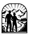 Father and Son to Start Journey with Mountains and River Woodcut