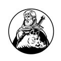 Freyr or Frey God in Norse Mythology with Sword and Wild Boar Retro Woodcut Black and White