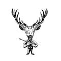 Stag Buck or Deer Hunter with Hunting Rifle Retro Woodcut Black and White