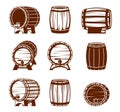 Retro wooden barrels set. Strongly knocked down vaults oak plank containers with taps and plugs brown containers for