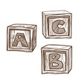 Retro wooden cubes with abc on side monochrome illustration