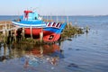 Retro wooden fishing boat land sea, Portugal Royalty Free Stock Photo