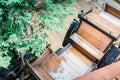 Retro wooden toy car over wooden table. room for text. nostalgia and simplicity concept. retro style image. Royalty Free Stock Photo