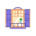 Retro wooden window with blue shutters, architectural design element vector Illustration on a white background Royalty Free Stock Photo