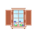 Retro wooden window with shutters and plants, architectural design element vector Illustration on a white background Royalty Free Stock Photo