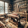 Retro Woodworking Shop Wood Projects Hand Tools Bench Home Winter AI Generated