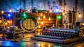 Retro workshop scene a vintage typewriter illuminated by string lights and surrounded by antique mechanical devices. Generative Royalty Free Stock Photo