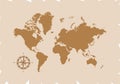 Retro world map with compass, vector illustration isolated on brown background Royalty Free Stock Photo