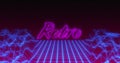 Retro written in pink neon on black background with distorting blue grid Royalty Free Stock Photo