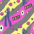Retro Y2K vector seamless pattern. Dancing rave girl, wavy background. Checkerboard, 00s 90s nostalgic fashion fabric