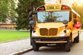 Retro Yellow School Bus With Stop Sign Standing On The Road Royalty Free Stock Photo