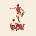 Retro young football soccer in sports uniform going to kick ball. Vintage footballer motion. Vector outline illustration