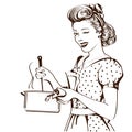 Retro young woman in retro clothes cooking soup in her kitchen r
