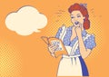 Retro young woman with cooking book. Pop art drawing illustration background