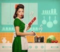 Retro Young Woman Cooking And Reading Recipe Book In Her Kitchen