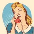 Retro young woman with blond hair talking on phone.Vector pop ar