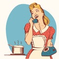 Retro Young Woman Talking On Phone In Her Kitchen.Vector Color I