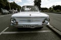 retro ZAZ-968 car on city streets. Soviet compact car of small class. This is the cheapest Soviet car of the 80\'s