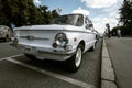 retro ZAZ-968 car on city streets. Soviet compact car of small class. This is the cheapest Soviet car of the 80\'s