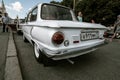 retro ZAZ-968 car on city streets. Soviet compact car of small class. This is the cheapest Soviet car of the 80\'s