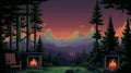 Retroactive 8-bit Juniper Forest Fireplace Pixel Landscape