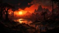 Retrofire 8-bit Fantasy Landscape At Sunset: Junglecore Concept Art